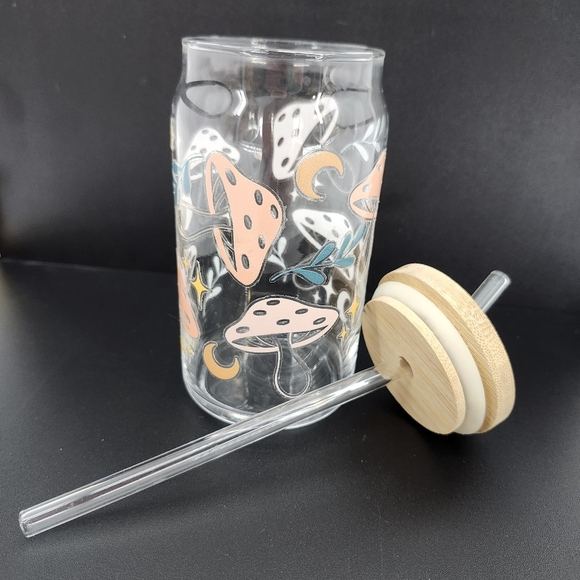 Earthy Mushroom Etched Glass With Wood Lid Glass Straw Funky Goblincore - Picture 6 of 6